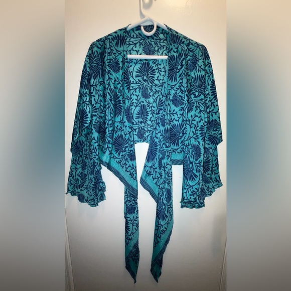 Tops - Handmade Sari Silk Patchwork Crop Top: Bell Sleeve Tie Top